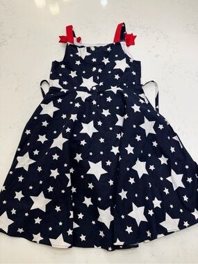 Jessica Ann Navy Star Print Dress with Red Strap Bows